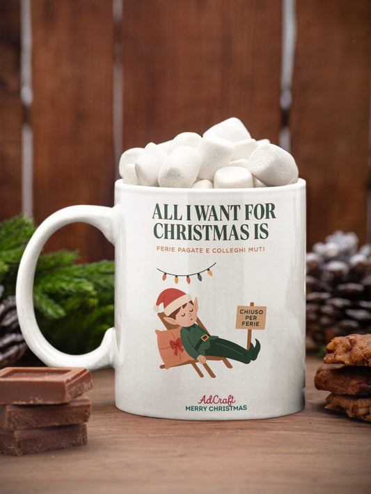 Tazza Elfo Esausto "ferie pagate e colleghi muti"- Merry Christmas by AdCraft